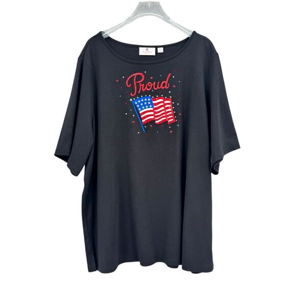 Quacker Factory QVC Proud Americana Flag Embroidered Sparkle Short Sleeve Top - Picture 1 of 8